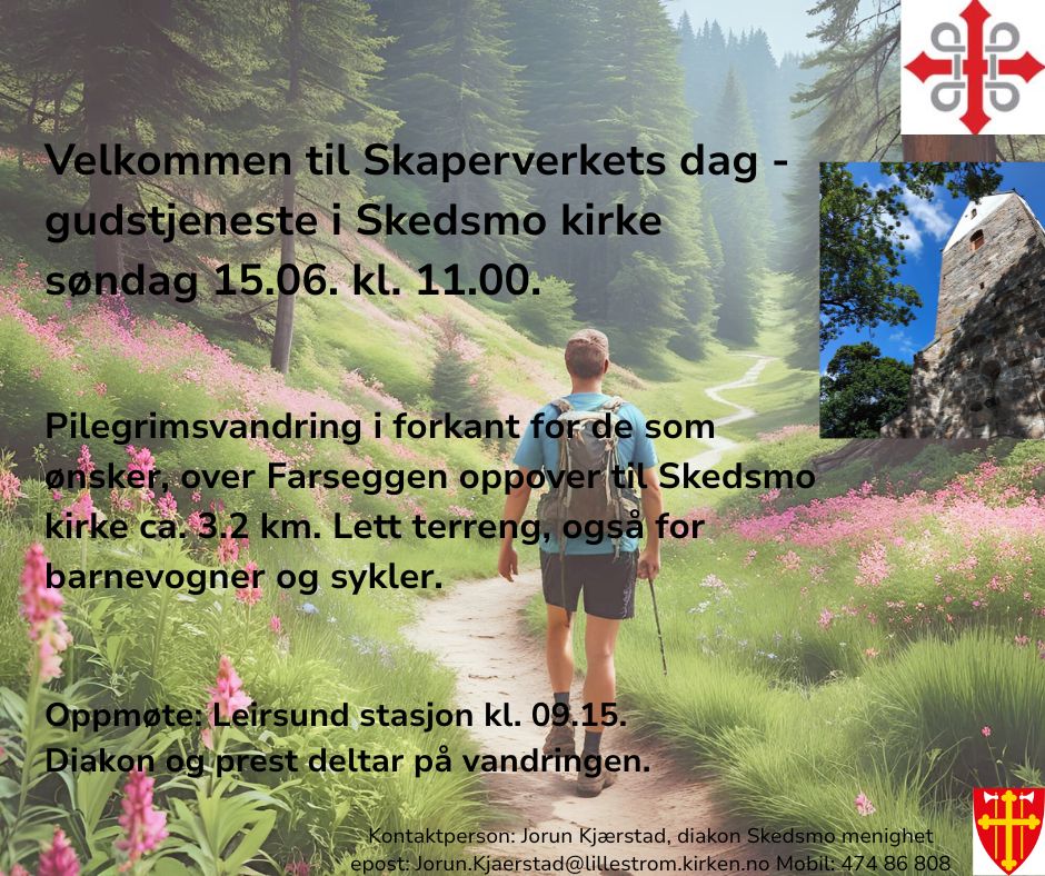 Grønn skog, trær, pilegrimsvandrer. Foto: Jorun Kjærstad. Plakat: Jorun Kjærstad