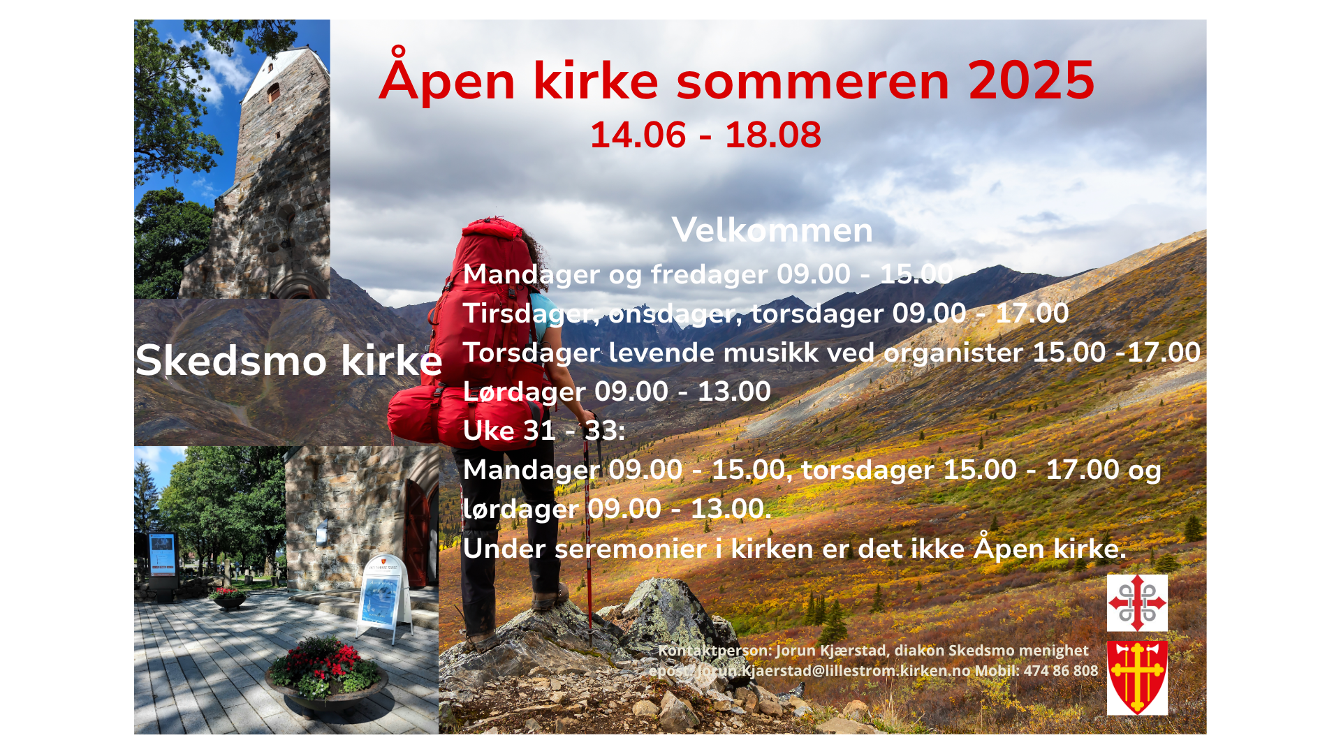 Bilde: Hvit og gråt kirkebygg. Grønne trær. Røde og grønne blomster. Plakat: Jorun Kjærstad