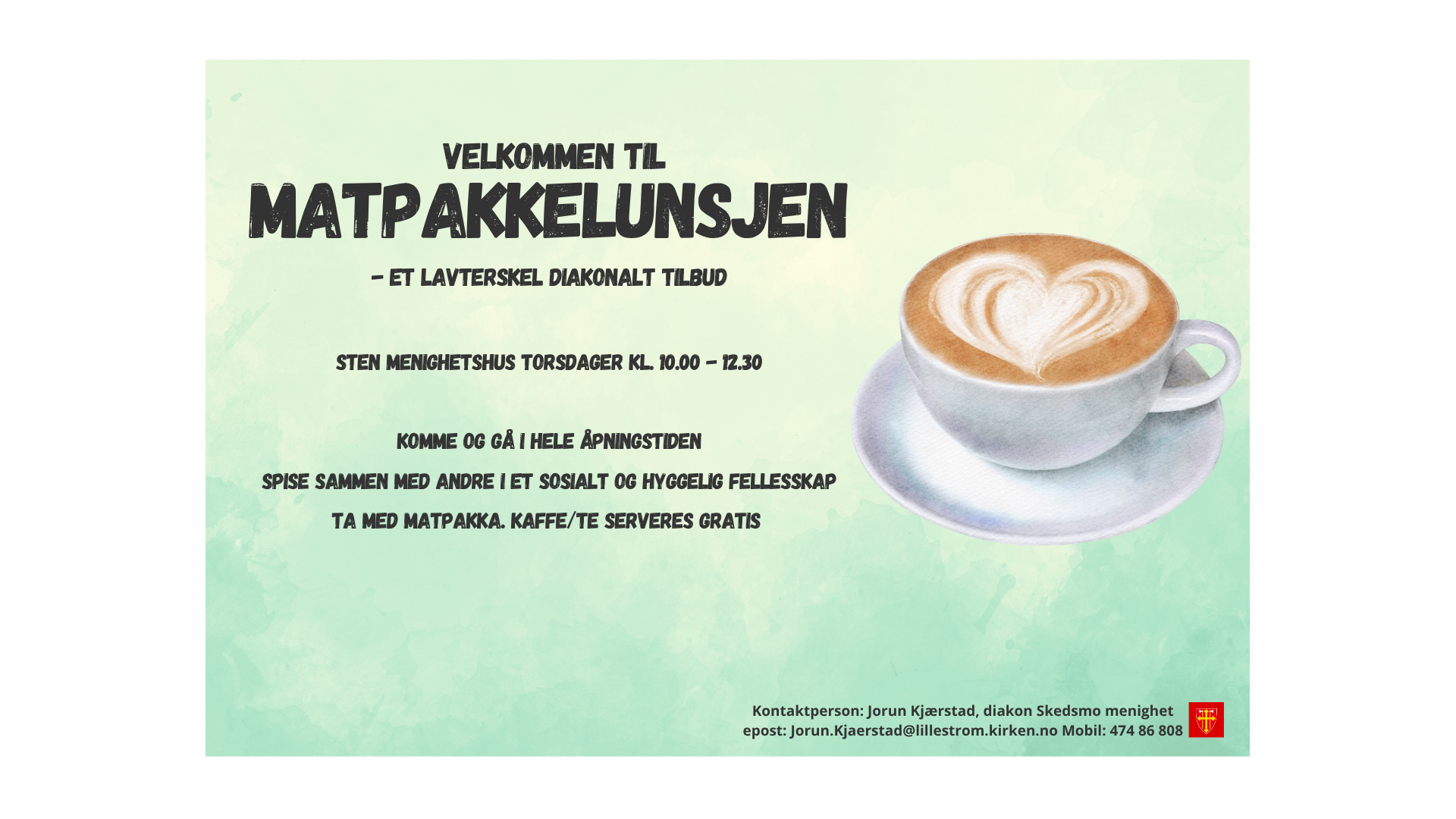 Bilde: Hvit kaffe kopp med kaffe. Hvit hjertefigur på kaffen. Plakat: Jorun Kjærstad