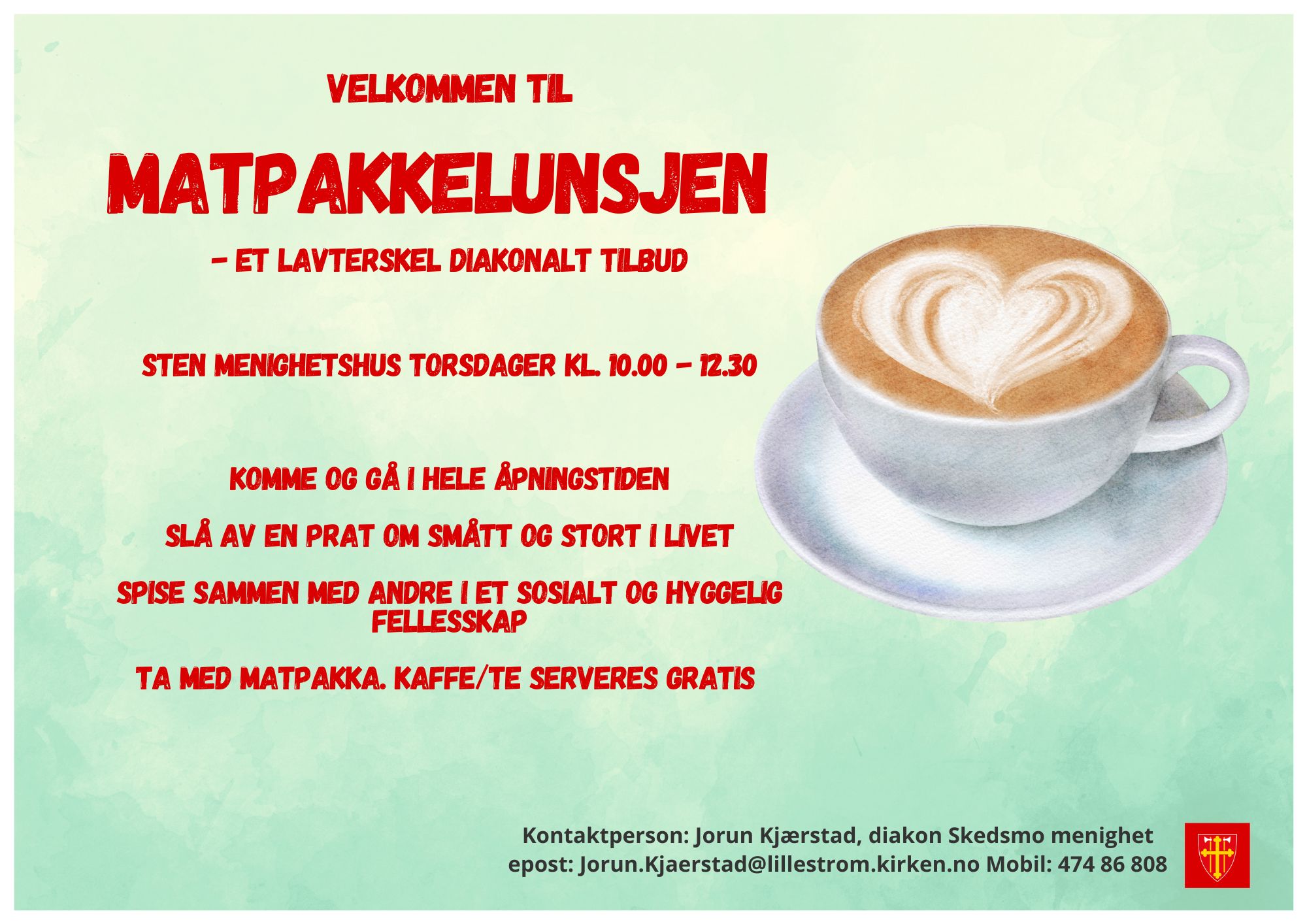 Bilde: Hvit kaffe kopp med kaffe. Hvit hjertefigur på kaffen. Plakat: Jorun Kjærstad