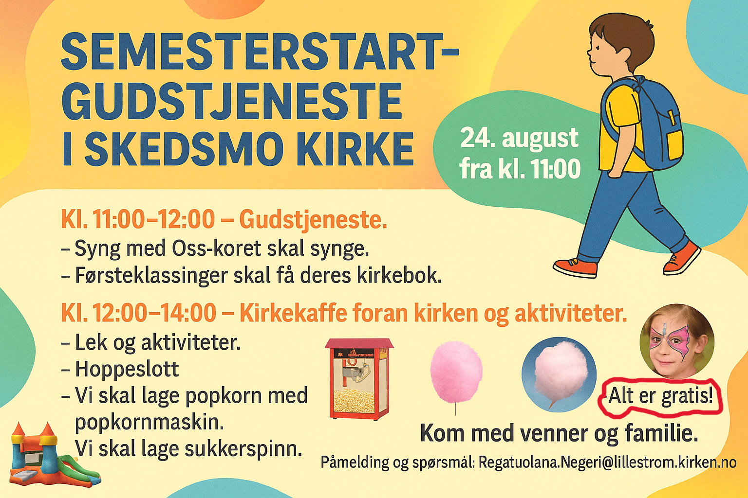 Bilde: Gutt med blp skolesekk, rosa sukkerspinn. Plakat: Regatu Olana Negeri
