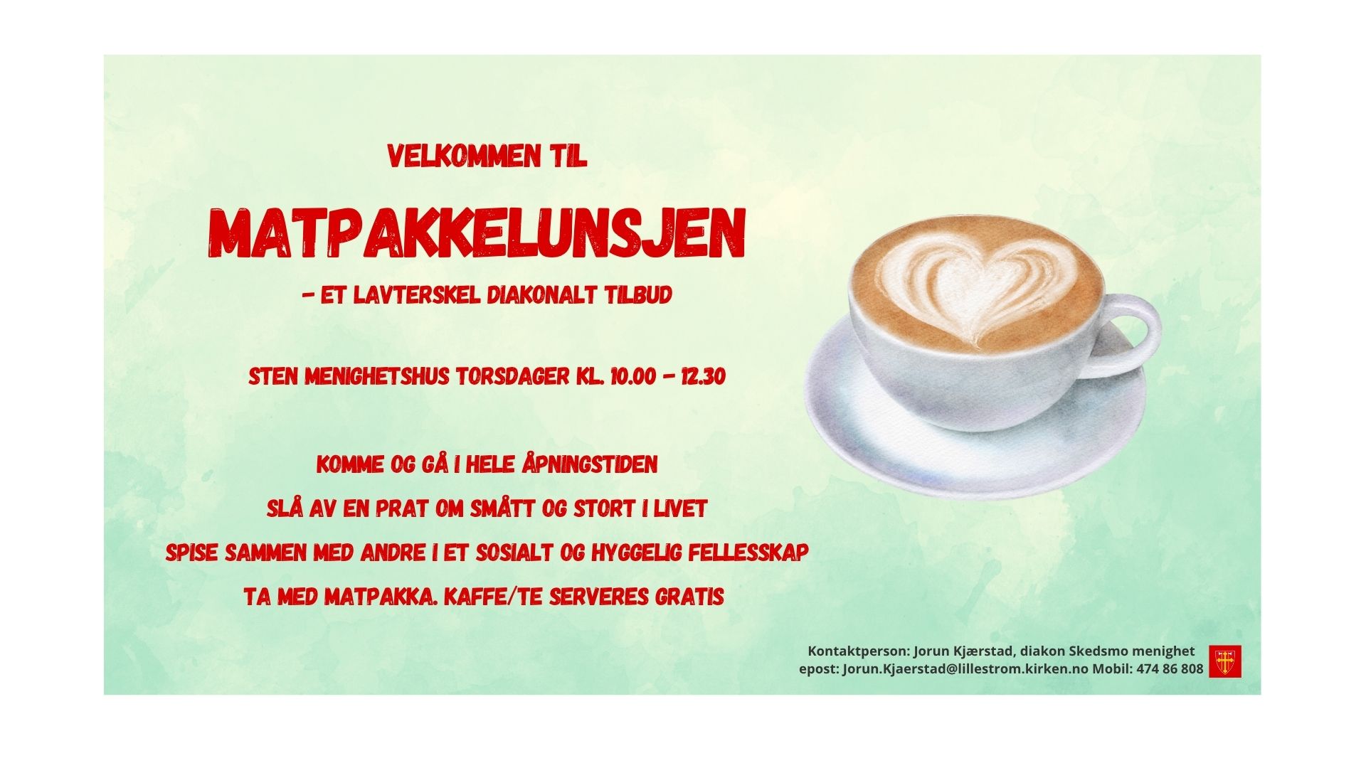 Bilde: Hvit kaffe kopp med kaffe. Hvit hjertefigur på kaffen. Plakat: Jorun Kjærstad
