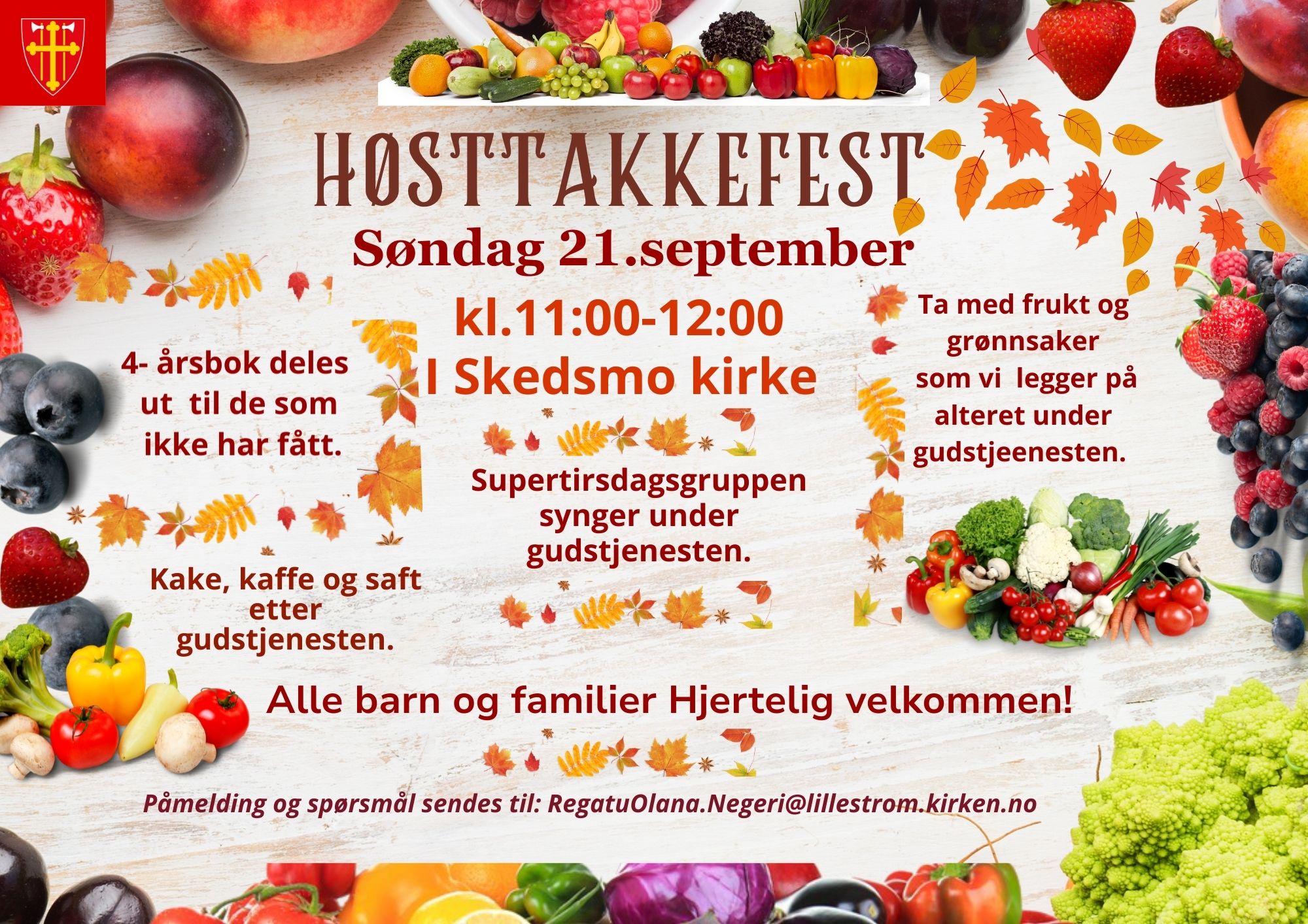 Bilde: Rød paprika. Hvit blomkål. grønn purreløk. Blå plommer. Plakat: Regatu Olana Negeri